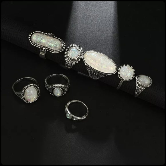 5/25 8 silver ring lot bohemian style rings white opal colored stones unique - Picture 4 of 8